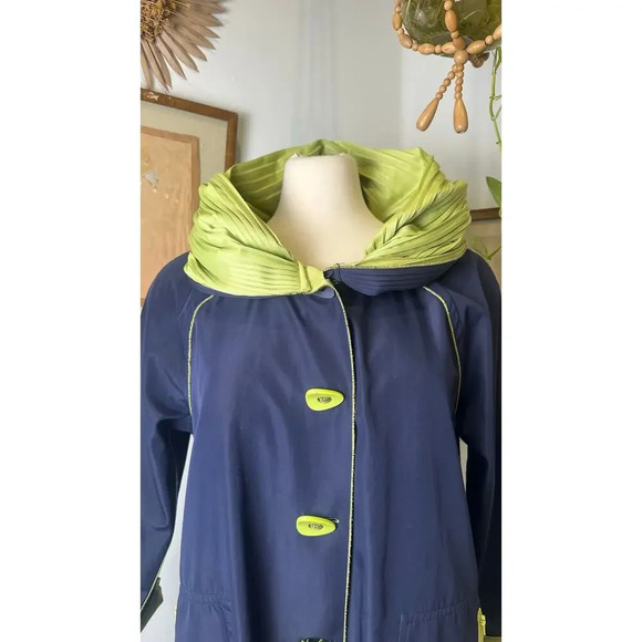 VTG Reversible Coat Navy Green Oversized Hooded Raincoat Classic Outwear Jacket - Picture 9 of 10